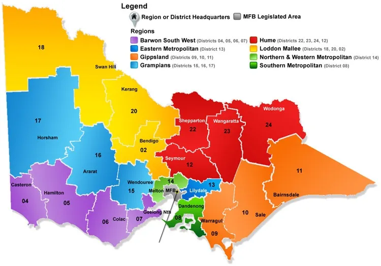 A different map of Victoria with regions marked with CFA district names